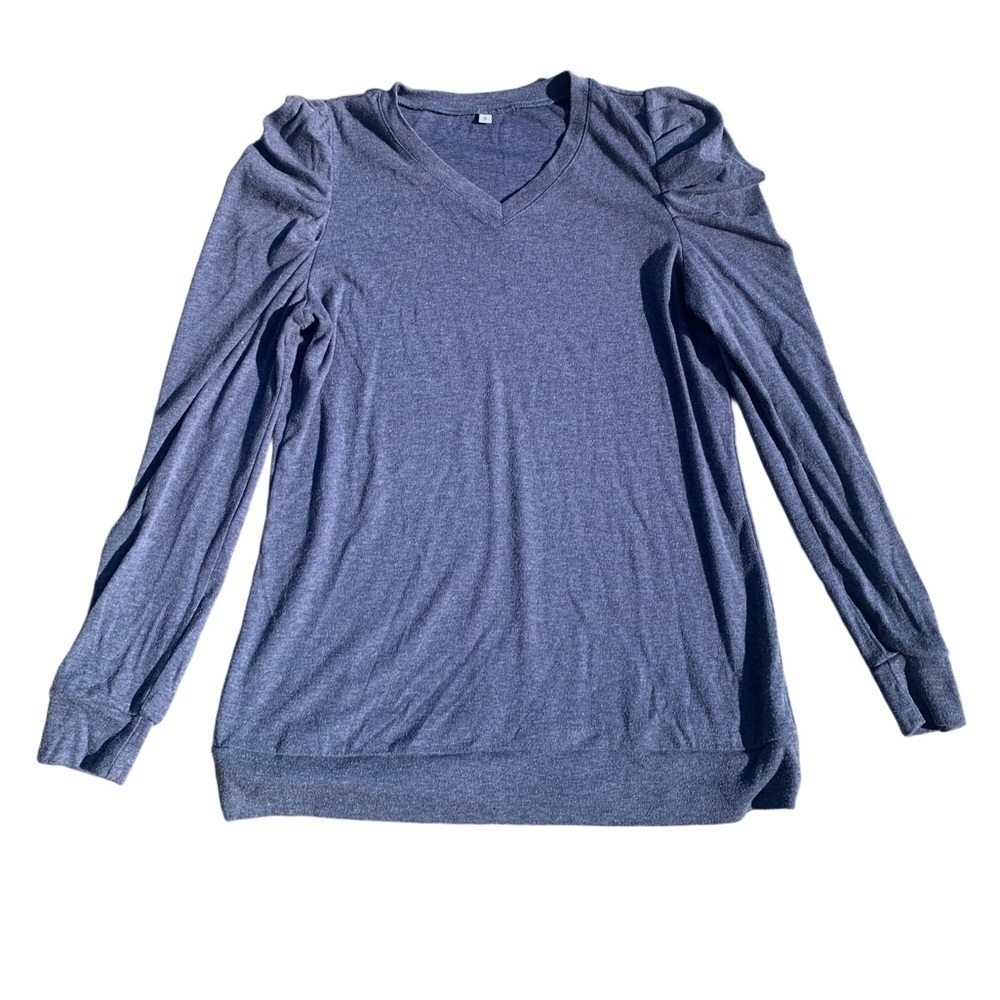 ⚡️Blue Heathered V-Neck Top with Puffed Shoulders - Size S